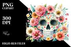 Watercolor Cute Skull with Spring Flowers, PNG Product Image 2