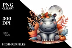 Baby Hippo Sitting in Autumn Leaves | Clipart Product Image 1