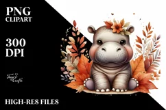 Baby Hippo Sitting in Autumn Leaves | Clipart Product Image 1