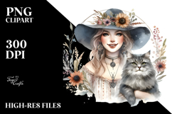 Boho Smiling Witch with Cat and Potion, Transparent PNG Product Image 2