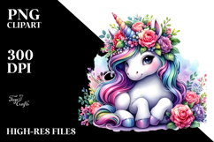 Watercolor Unicorn with Floral Wreath PNG Product Image 2