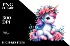 Watercolor Unicorn with Floral Wreath PNG Product Image 2