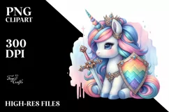 colorful baby unicorn with Shield and Sword, Sublimation PNG Product Image 1