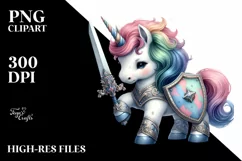 colorful baby unicorn with Shield and Sword, Sublimation PNG Product Image 3