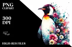 Penguin Flowers Watercolor Clipart Product Image 1