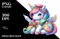 colorful baby unicorn with Shield and Sword, Sublimation PNG Product Image 3