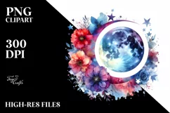 Abstract Moon with Flowers and Stars | Clipart Product Image 1