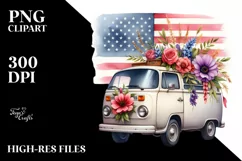 Watercolor Van and Flowers in USA Flag Background Product Image 1