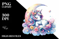 Pastel Baby Unicorn Napping Moon PNG Product Image 1