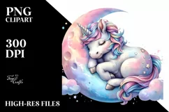 Pastel Baby Unicorn Napping Moon PNG Product Image 1