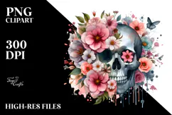Whimsical Flowers with Skull Watercolor Digital Art Product Image 2