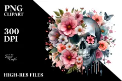 Digital Watercolor Flower Skull with Gnome, PNG Product Image 2
