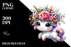 Cute Unicorn with Big Eyes and Floral Wreath PNG Product Image 2