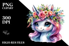 Cute Unicorn with Floral Wreath, PNG Product Image 2