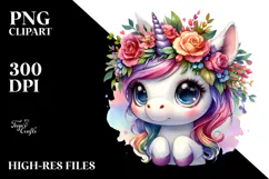 Cute Unicorn with Floral Wreath, PNG Product Image 2
