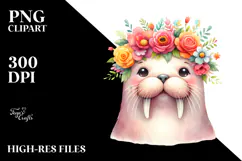 Watercolor Walrus with Flower Crown | Clipart Product Image 2