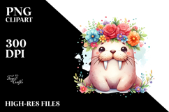 Watercolor Walrus with Flower Crown | Clipart Product Image 2
