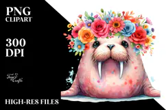 Watercolor Walrus with Flower Crown | Clipart Product Image 2