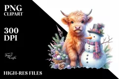 Colorful Baby Highland Cow with Snowman, Transparent PNG Product Image 3