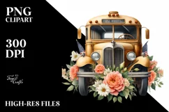 Watercolor Vintage Bus with Flowers | Sublimation | Clipart Product Image 1