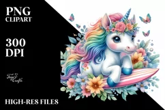 Colorful Baby Unicorn with Surfboard, Transparent PNG Product Image 1