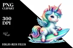 Colorful Baby Unicorn with Surfboard, Transparent PNG Product Image 3