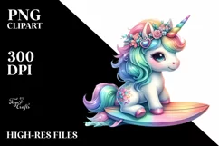 Colorful Baby Unicorn with Surfboard, Transparent PNG Product Image 1
