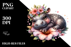 Digital Watercolor Baby Hippo on Flower, PNG Product Image 2