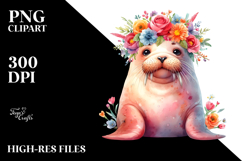 Cute Walrus Sitting with Flower Crown | Clipart Product Image 2
