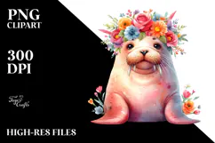 Cute Walrus Sitting with Flower Crown | Clipart Product Image 2