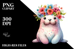 Cute Walrus Sitting with Flower Crown | Clipart Product Image 2