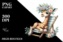 Watercolor Giraffe with Floral Wreath on Beach Chair | Product Image 1
