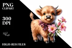 Baby Highland Cow with Azalea | Sublimation | Clipart Product Image 1