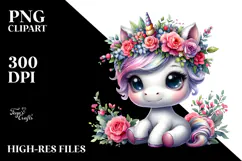Cute Baby Unicorn Vibrant Drawing, White Background PNG Product Image 2