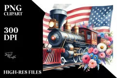 Watercolor Vintage Train with USA Flag | Clipart Product Image 1