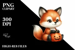 Cute Baby Fox with Halloween Pumpkin, Transparent PNG Product Image 1