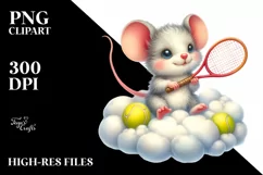 Watercolor Baby Mouse Playing Tennis on Cloud | Clipart Product Image 3