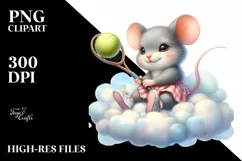 Watercolor Baby Mouse Playing Tennis on Cloud | Clipart Product Image 3