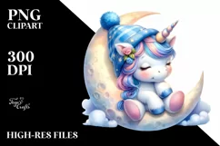Cute Baby Unicorn on Moon with Blue Hat | Sublimation | Product Image 1