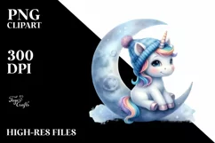 Cute Baby Unicorn with Blue Hat on the Moon | Clipart Product Image 3