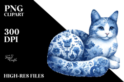 Blue Toile Cat, Fluffy PNG Product Image 2