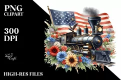 Watercolor Vintage Train with USA Flag | Clipart Product Image 1