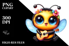 Vibrant Watercolor Baby Bee with Tiny Guitar, PNG Product Image 2