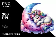 Colorful Baby Unicorn Napping on Moon, Transparent PNG Product Image 3