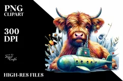 Colorful Baby Highland Cow with Submarine, Transparent PNG Product Image 1