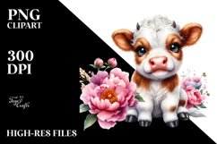 Smiling Baby Highland Cow with Peonies, PNG Product Image 2