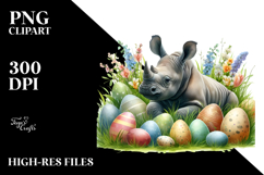 Baby Rhino in Grass between Easter Eggs PNG Product Image 2