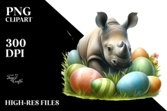 Adorned Baby Rhino in Grass between Easter Eggs PNG Product Image 2