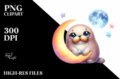 Colorful Baby Walrus on Moon | Sublimation | Clipart Product Image 1