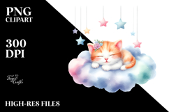 Cute Sleeping Kitten on Cloud with Stars | Clipart Product Image 2